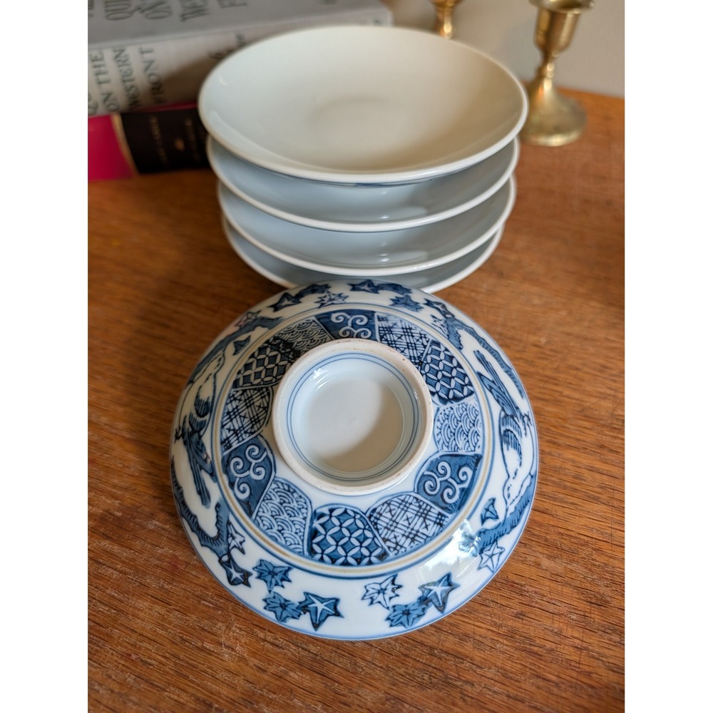 Vintage Set of 5 Japanese Takadai Kozara Mamezara Dipping Dishes Blue White Bird